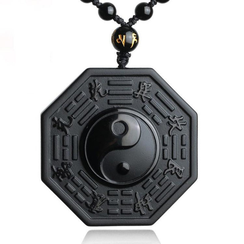 Collier pendentif Yin Yang en obsidienne noire, roche volcanique